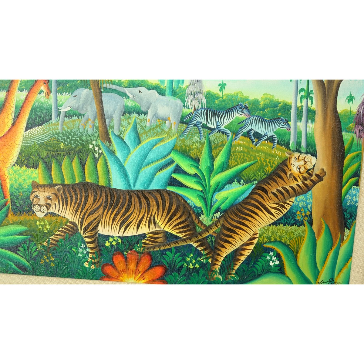 Yves Jean-Pierre, Haitian (20th C) Oil on canvas "Jungle Animals" Signed lower right. Good condition.
