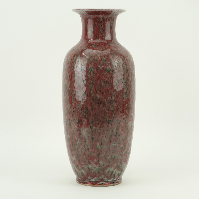Large Antique Chinese Peach Bloom Style Glaze Porcelain Vase. Blue circle Kangxi mark on underside.