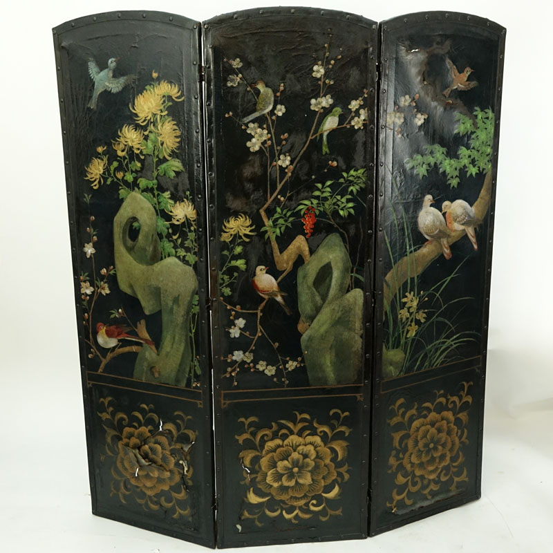 19th Century European Hand Painted Leather Three Panel Screen. Features Birds among trees and flowers motif.