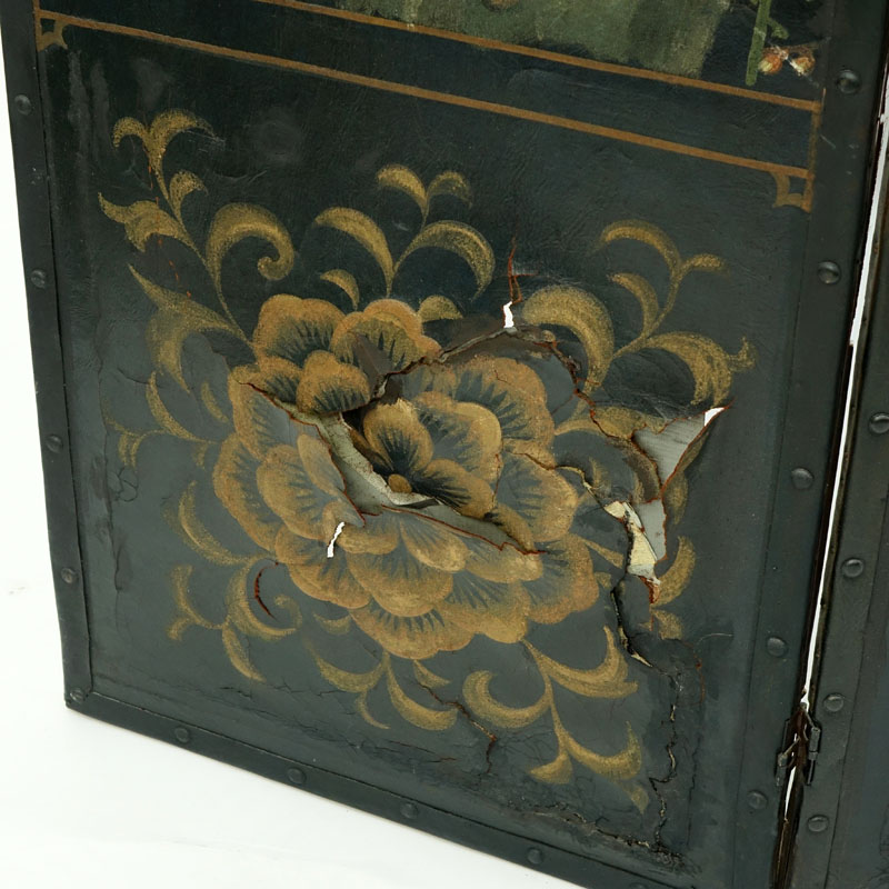 19th Century European Hand Painted Leather Three Panel Screen. Features Birds among trees and flowers motif.