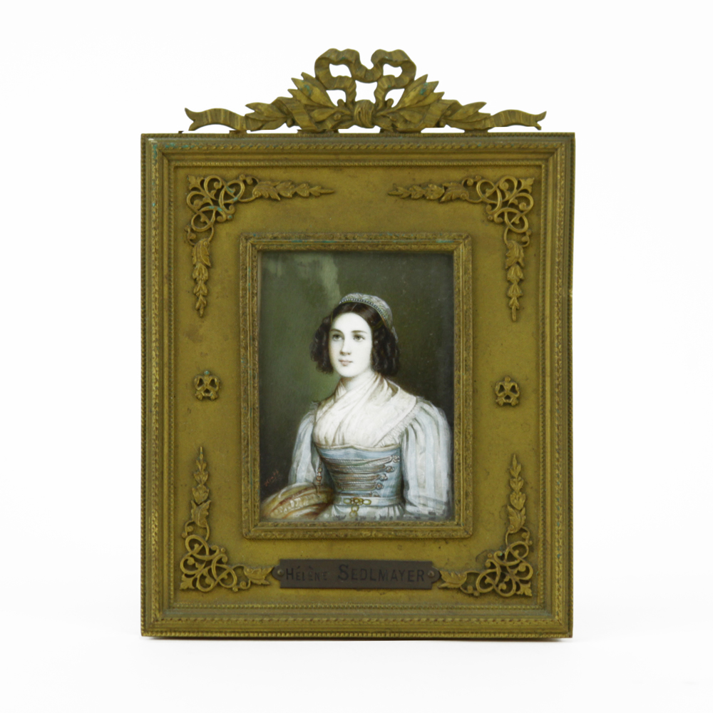 19th C Hand Painted Portrait Miniature of Helene Sedlmayr in Gilt Bronze Frame. Unsigned.
