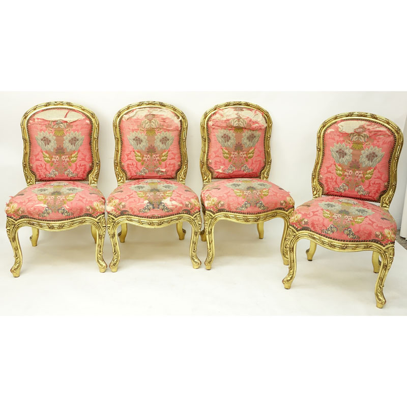 Set of Four (4) Carved Giltwood Louis XV Style Side Chairs With Floral Silk Upholstery. Unsigned.