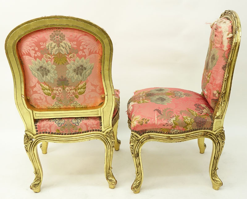 Set of Four (4) Carved Giltwood Louis XV Style Side Chairs With Floral Silk Upholstery. Unsigned.