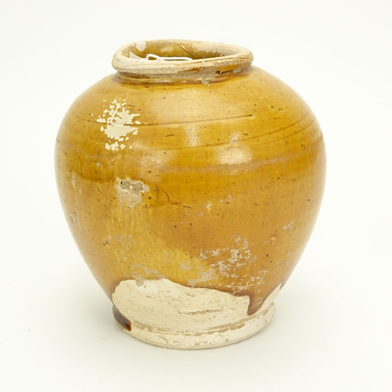 Chinese Tang Dynasty Lemon Yellow Glazed Round Vase. Unsigned.