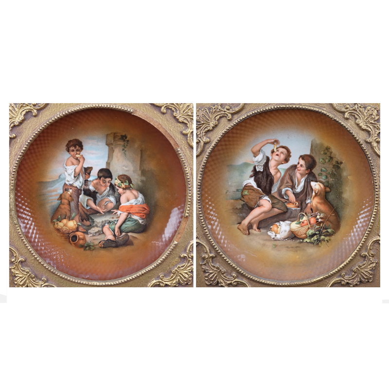 Pair Vintage Framed Cico China Decorative Porcelain Plates. Depicting paintings after Bartolomé Esteban Murillo, Spanish (1618-1682).