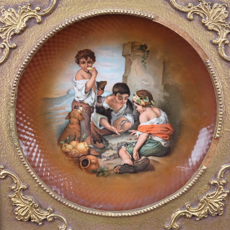 Pair Vintage Framed Cico China Decorative Porcelain Plates. Depicting paintings after Bartolomé Esteban Murillo, Spanish (1618-1682).