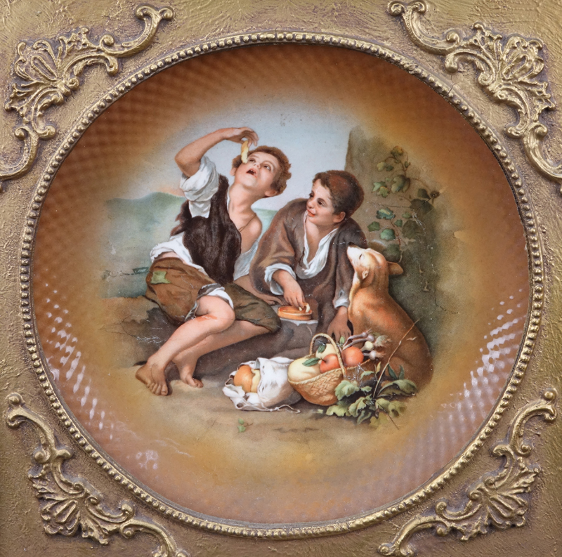 Pair Vintage Framed Cico China Decorative Porcelain Plates. Depicting paintings after Bartolomé Esteban Murillo, Spanish (1618-1682).