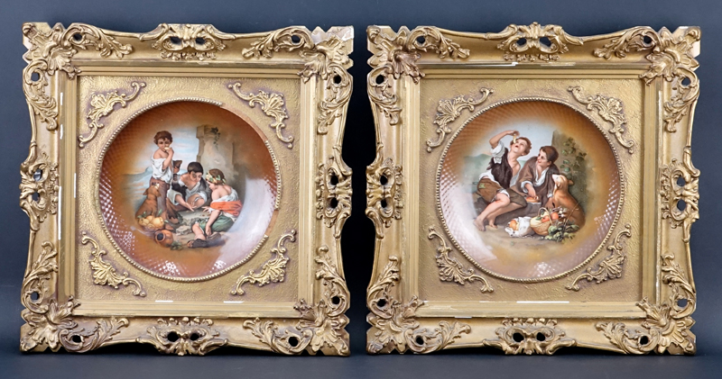 Pair Vintage Framed Cico China Decorative Porcelain Plates. Depicting paintings after Bartolomé Esteban Murillo, Spanish (1618-1682).