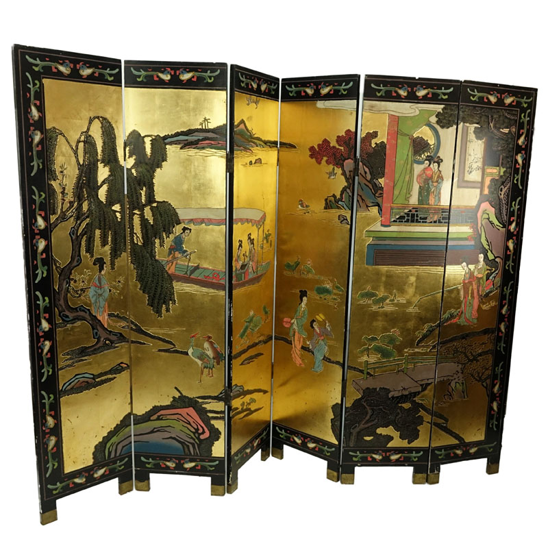 20th Century Six (6) Panel Chinese Screen. Carved and painted decoration.