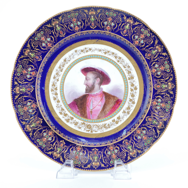 19th Century Sevres Jeweled Cobalt and Gilt Hand Painted Cabinet Plate of Francois 1. Signed and title to base.