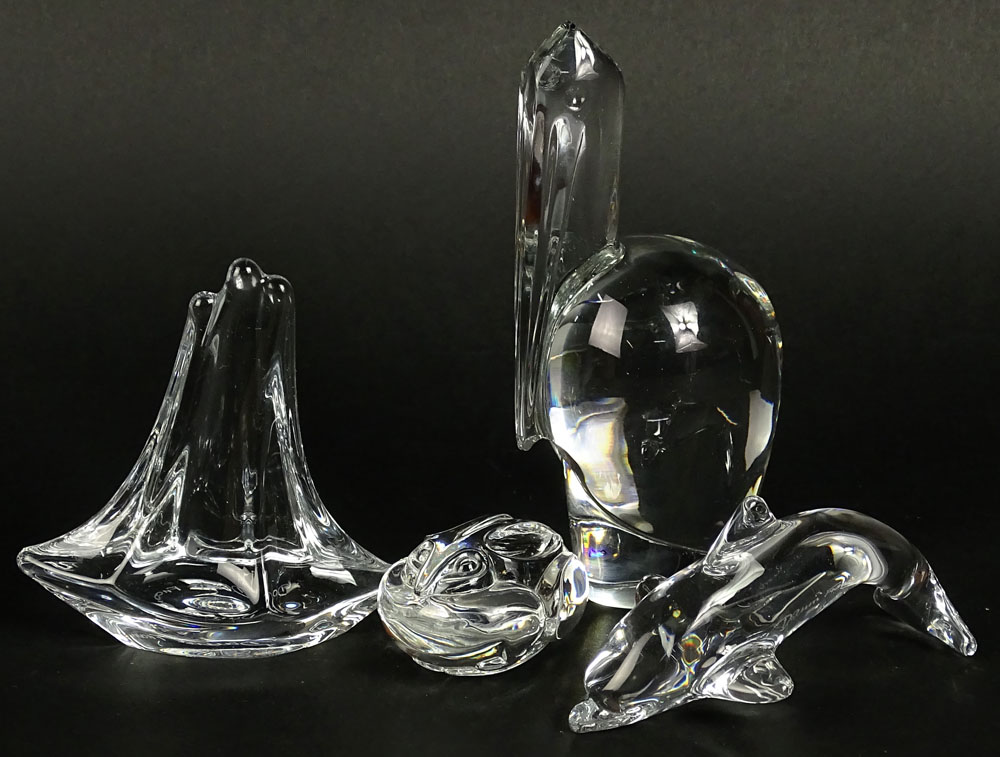 Lot of four (4) Crystal Animal Figurines. Includes Baccarat Pelican, 6-1/2 Inches; Daum France Sailboat; Daum Dolphin; Steuben Bunny.