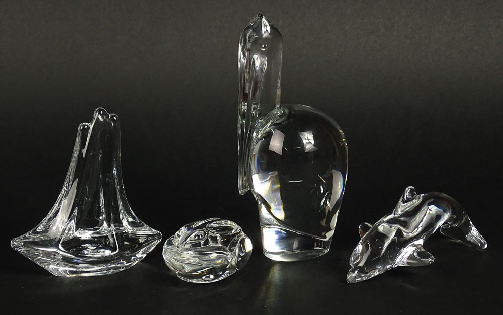 Lot of four (4) Crystal Animal Figurines. Includes Baccarat Pelican, 6-1/2 Inches; Daum France Sailboat; Daum Dolphin; Steuben Bunny.