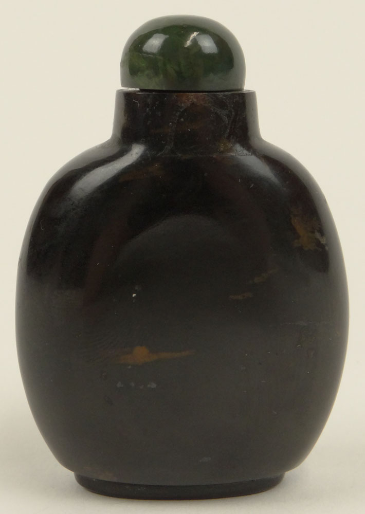 Early 20th C Chinese Carved Agate Snuff Bottle. Spinach Jade Stopper.