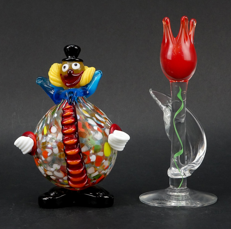 Collection of Six (6) Crystal and Art Glass Tableware. Includes: 4 Rosenthal tall crystal cordials, Murano art glass clown figurine, and Strombergshyttan art glass candleholder.