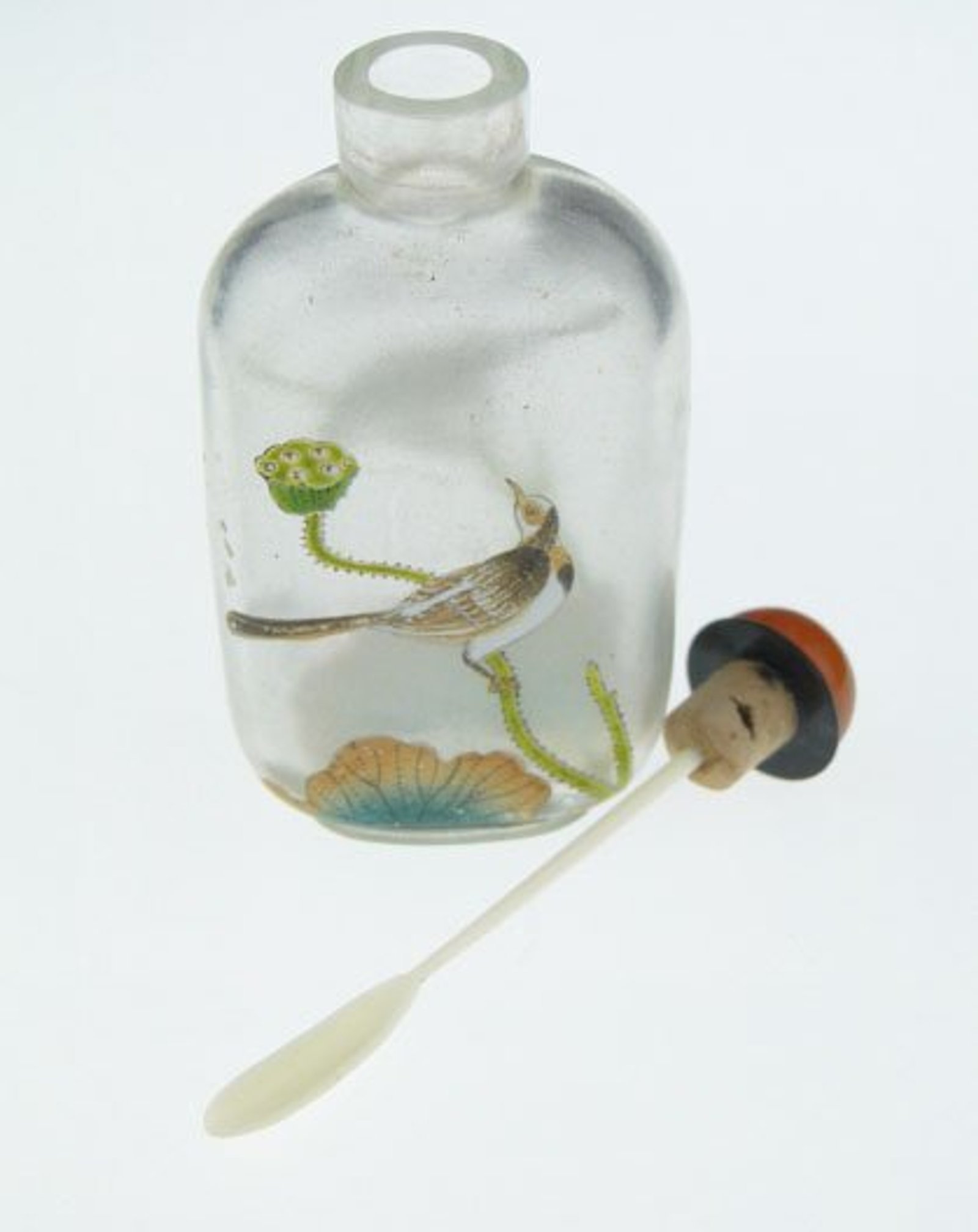 19/20th Century Chinese Peking Glass Snuff Bottle With Fine Enamel Painting of Birds on Both Front and Back. Signed in Raised Foot with Chinese Character Marks.