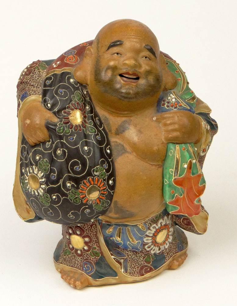 Circa 1900 Japanese Earthenware Satsuma Buddha. Finely Detail Paint Decorated and Adorned in Multi Colors.