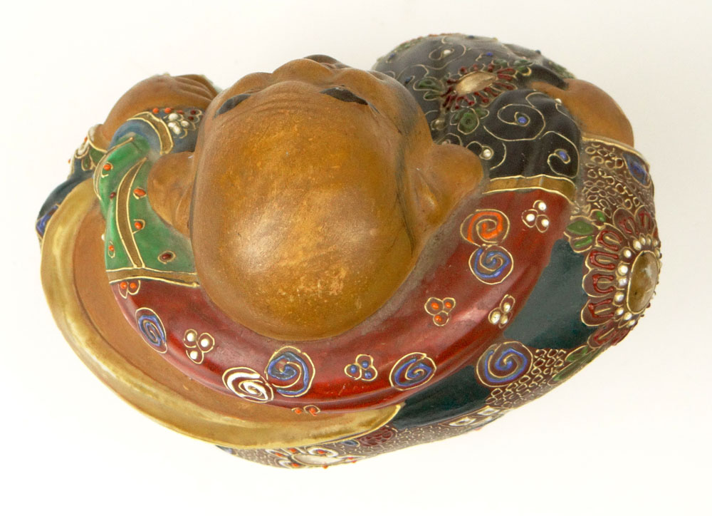 Circa 1900 Japanese Earthenware Satsuma Buddha. Finely Detail Paint Decorated and Adorned in Multi Colors.