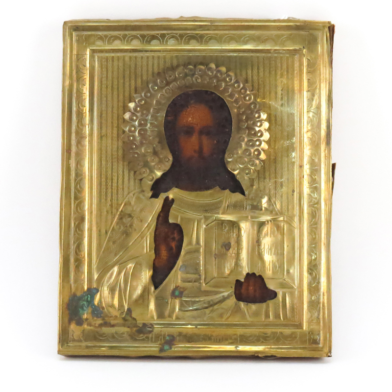 19th Century Russian Hand Painted Wood Icon With Brass Overlay. Unsigned.
