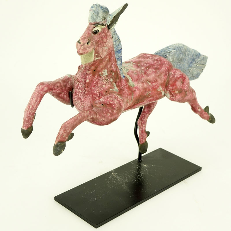 Antique Chinese Glazed Pottery Roof Tile Figurine of a Galloping Horse with Stand. Normal wear to surface.