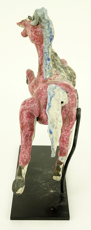 Antique Chinese Glazed Pottery Roof Tile Figurine of a Galloping Horse with Stand. Normal wear to surface.