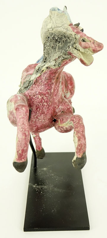 Antique Chinese Glazed Pottery Roof Tile Figurine of a Galloping Horse with Stand. Normal wear to surface.