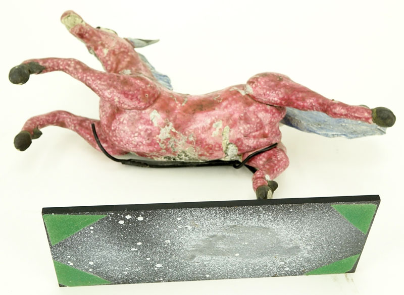Antique Chinese Glazed Pottery Roof Tile Figurine of a Galloping Horse with Stand. Normal wear to surface.