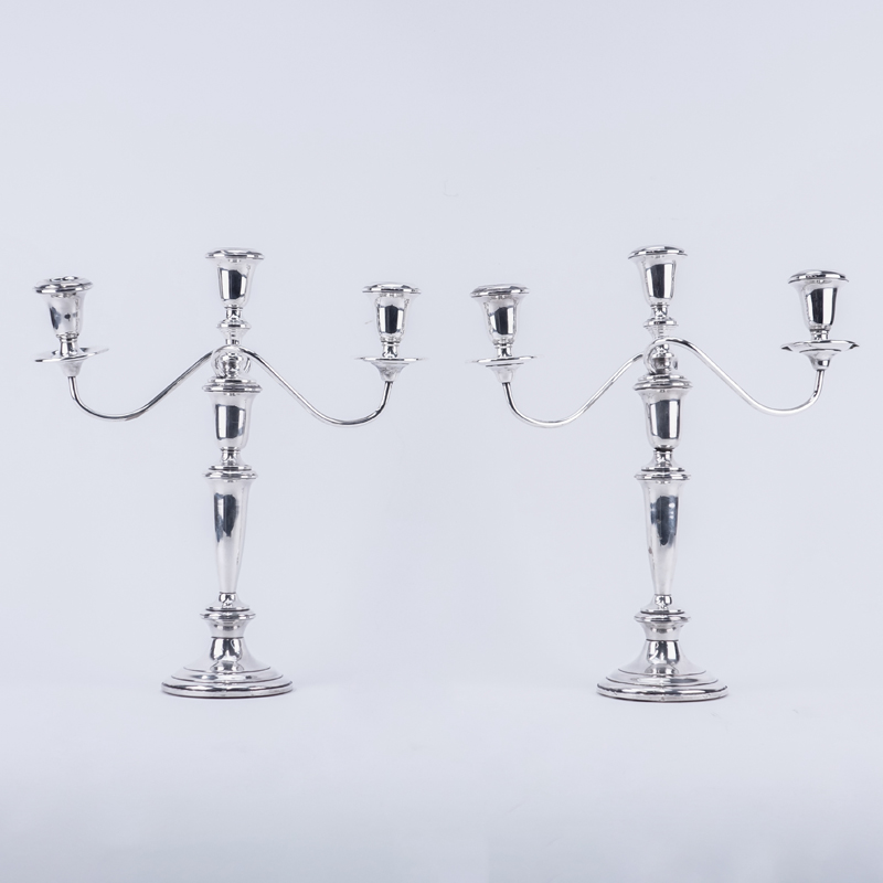 Pair Empire Weighted Sterling 3 Arm Candelabra. Signed.