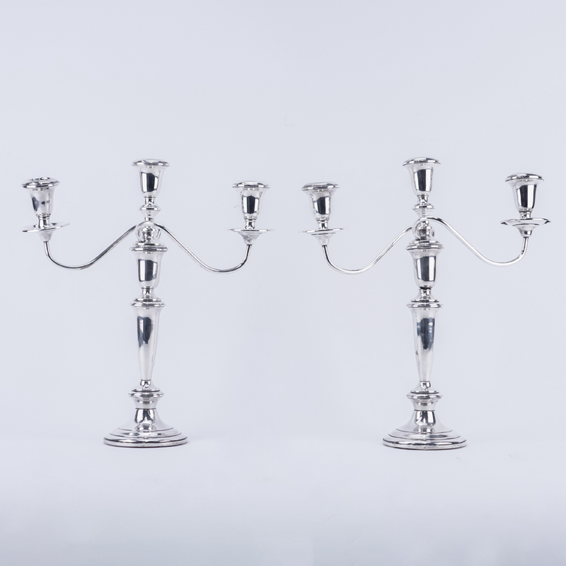 Pair Empire Weighted Sterling 3 Arm Candelabra. Signed.