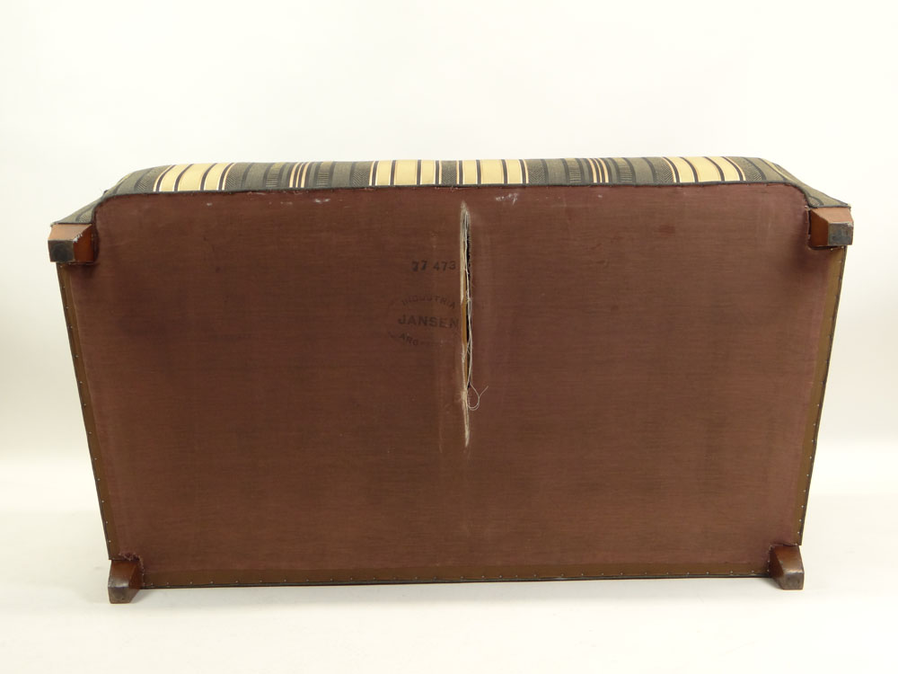 Circa 1930-1940's Maison Jansen, Jansen Industria Argentina Upholstery and Wood Canapé Sofa. Signed and Numbered 77 473.