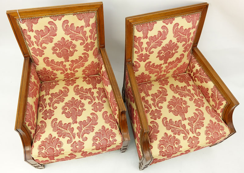 Pair of Carved Wood and Upholstered Directoire Bergeres. Some scuffs and scratches to wood, upholstery in good condition.