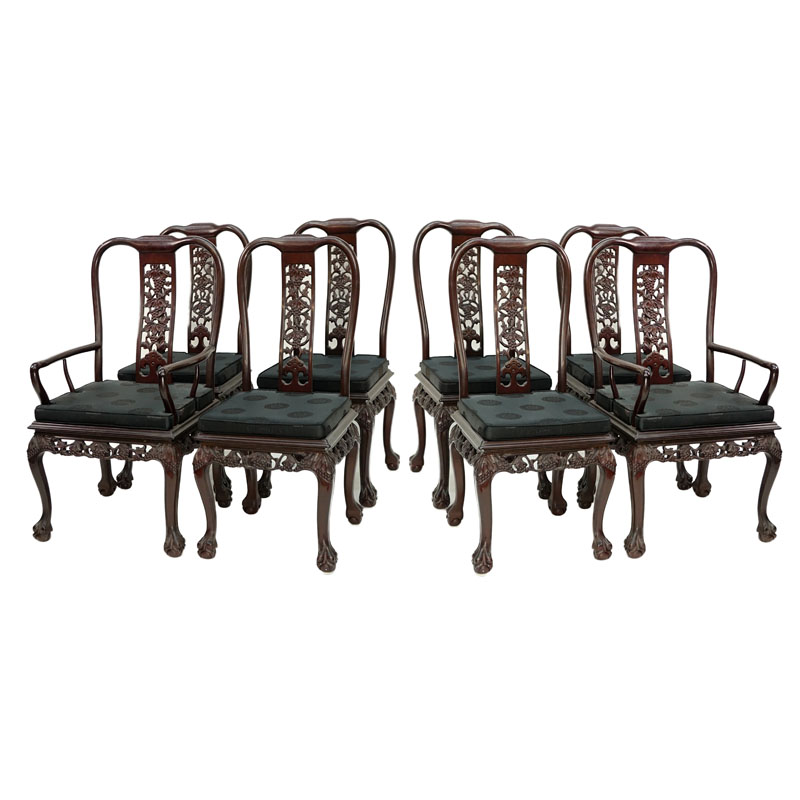 Set of Eight (8) Modern Chinese Carved Hardwood Chairs with Openwork Grape and Foliage Motif. Includes: 6 side chairs and 2 armchairs.