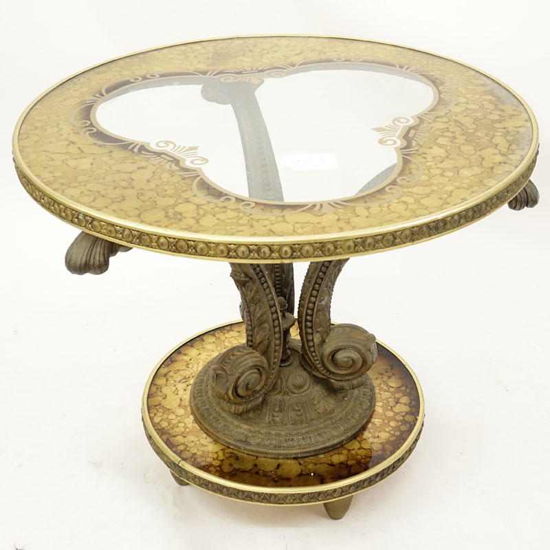 Mid 20th Century Hollywood Regency Gilt White Metal, Gold Leaf and Glass Pedestal Occasional Table. Unsigned.