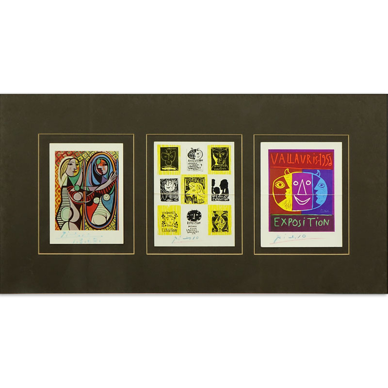 Three Colored Card Reproductions of Picasso Posters. Signed Picasso in blue.