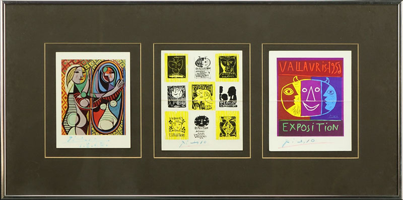 Three Colored Card Reproductions of Picasso Posters. Signed Picasso in blue.
