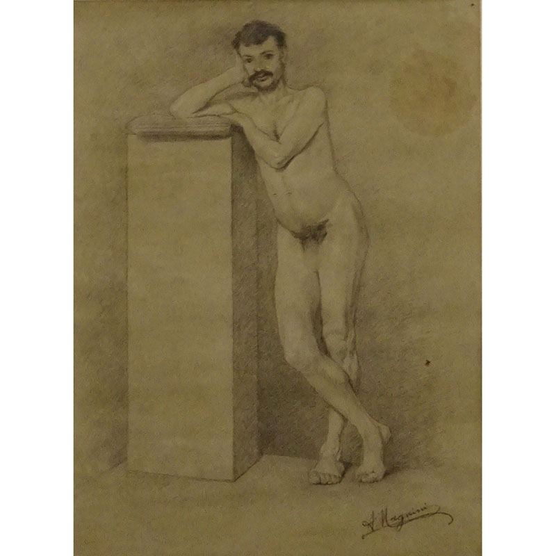 19th Century Pencil Drawing On Paper "Male Nude" Bears signature A. Magnini.