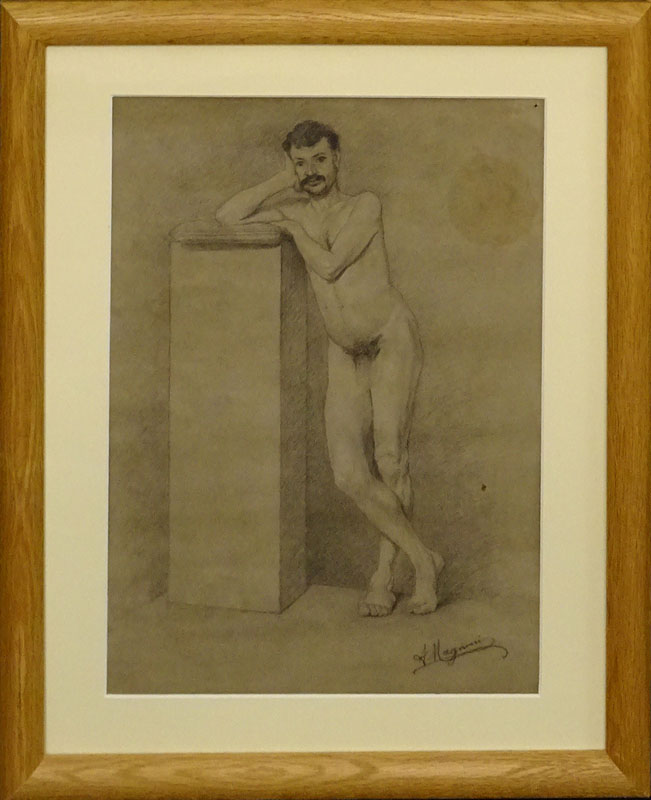 19th Century Pencil Drawing On Paper "Male Nude" Bears signature A. Magnini.