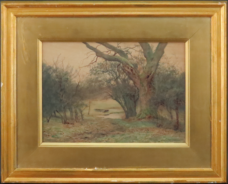 Wilmot Pilsbury, British (1840-1908) Watercolor "The Bungalow Shore" Signed Lower Right. Depicts a old country scene with paddle boat docked near creek.