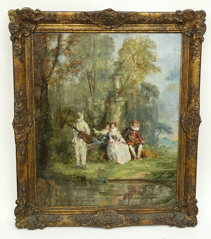 In the style of: Jean-Honore Fragonard, French (1732 - 1806) Oil on canvas "Couples In The Garden" Unsigned. Good condition.