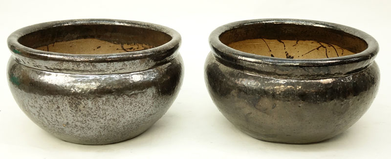 Pair of Large Glazed Pottery Jardinieres. Natural wear, rubbing.
