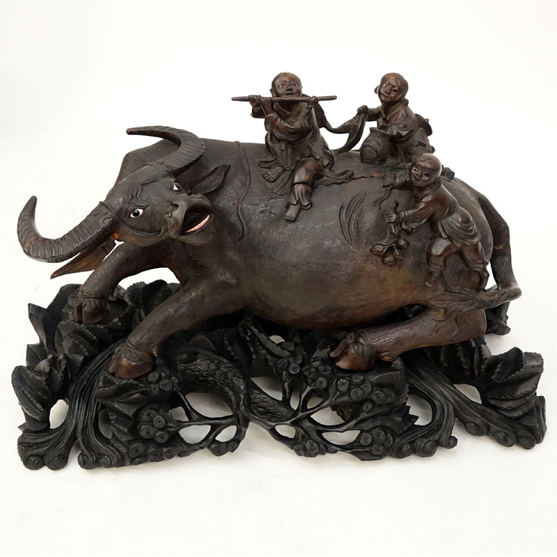 19/20th Century Chinese Carved Wood Water Buffalo  With Children On Floral Carved Base. Unsigned.