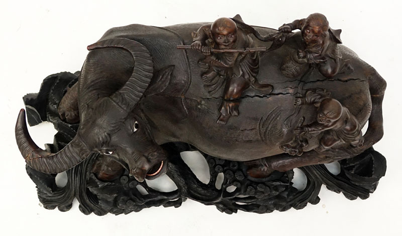 19/20th Century Chinese Carved Wood Water Buffalo  With Children On Floral Carved Base. Unsigned.