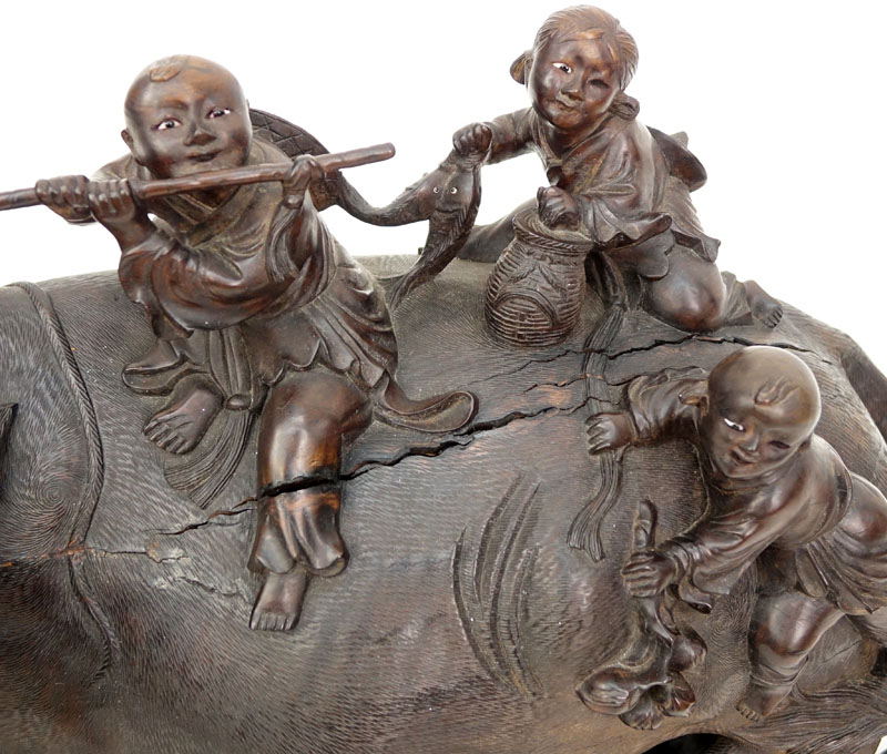 19/20th Century Chinese Carved Wood Water Buffalo  With Children On Floral Carved Base. Unsigned.