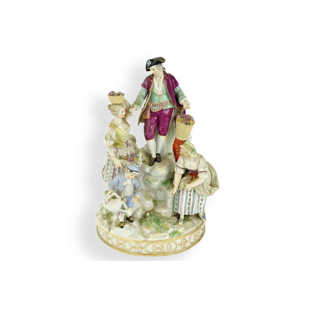 19th Century Meissen Hand Painted Porcelain Figural Group. Blue crossed sword mark to base.