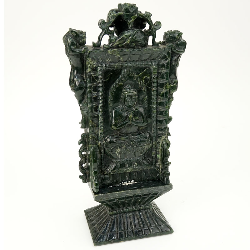 Early 20th Century Chinese Carved Dark Green Jade Ceremonial Plaque. Seated Buddha motif on front and obverse side.