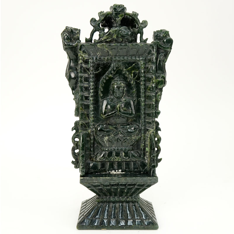 Early 20th Century Chinese Carved Dark Green Jade Ceremonial Plaque. Seated Buddha motif on front and obverse side.