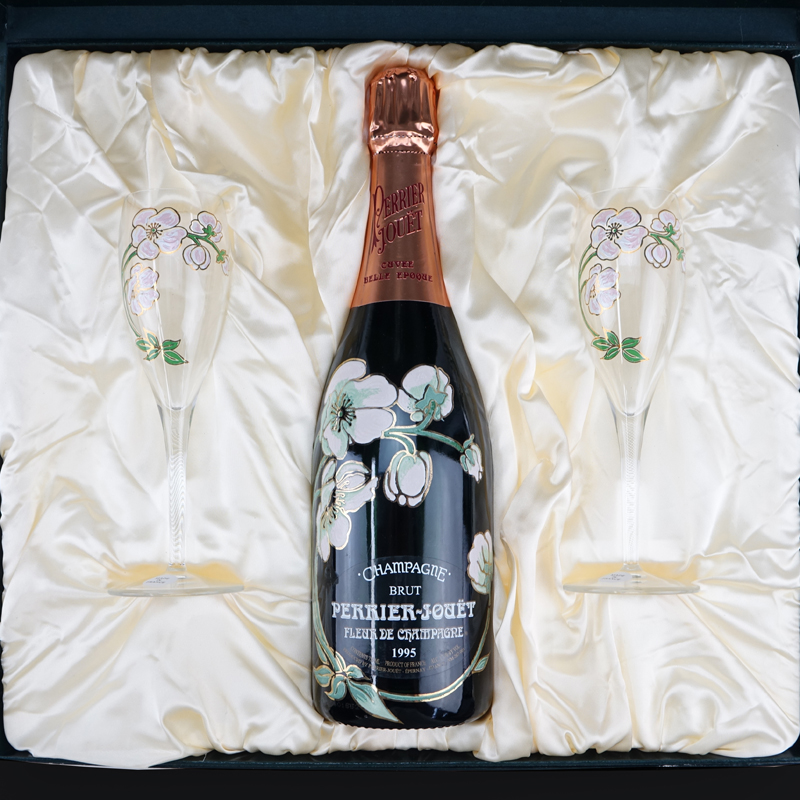 Circa 1995 Perrier Jouet Champagne Bottle in Original Display Box. Includes two glasses with unopened bottle.