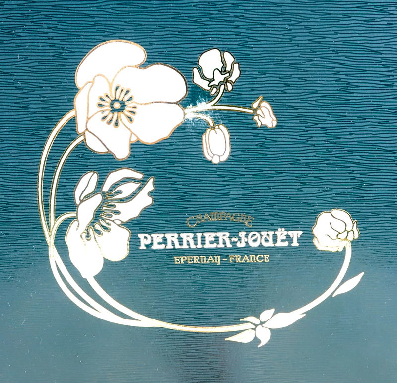 Circa 1995 Perrier Jouet Champagne Bottle in Original Display Box. Includes two glasses with unopened bottle.