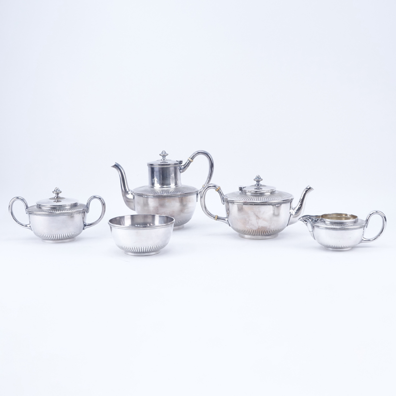 Antique Gorham Silver Plate Five (5) Piece Tea Set. Includes: Tea pot, coffee pot, sugar bowl, creamer, waste bowl.