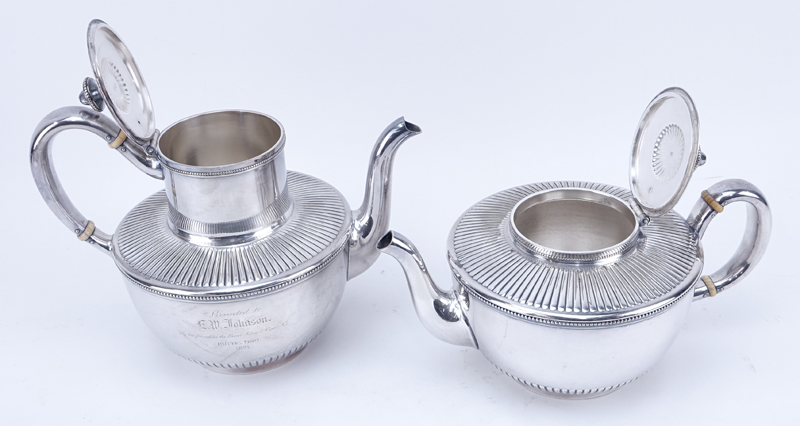 Antique Gorham Silver Plate Five (5) Piece Tea Set. Includes: Tea pot, coffee pot, sugar bowl, creamer, waste bowl.