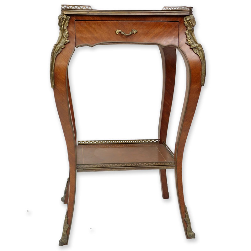 20th Century Louis XV Style Bronze Mounted Marquetry Inlaid Side Table with Drawer. Floral marquetry inlaid top with gallery, lower shelf stretcher also with gallery, and goat figural mountings along each leg.